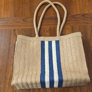 Stylish Tan and Blue Woven Tote Bag